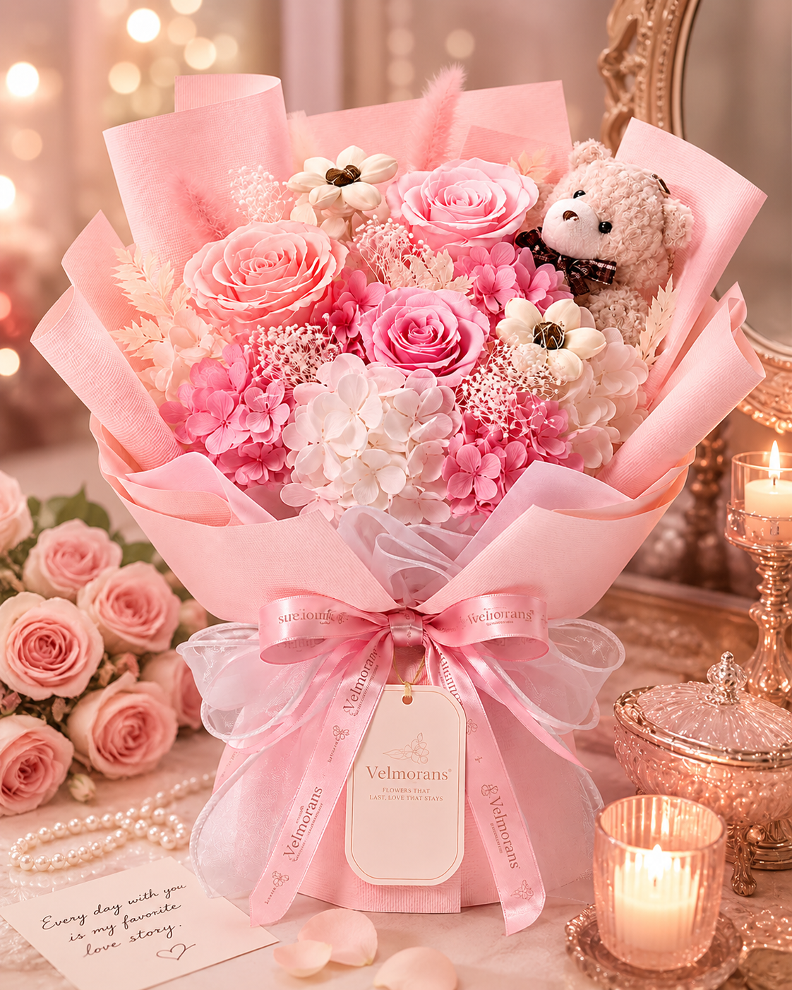 Velmorans Artificial Rose Bouquet with Teddy Bear, 13.4 x 8.86 x 10.43 Inches