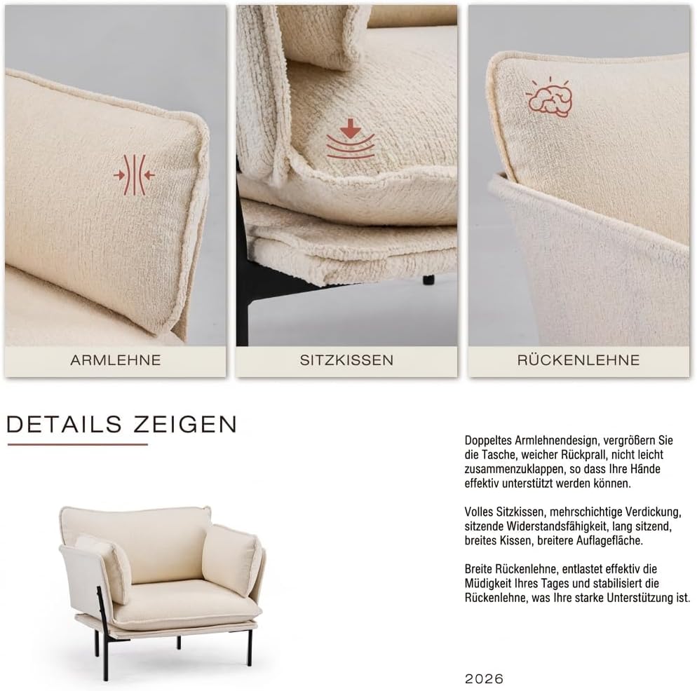 Lounge Chair with Metal Legs, Modern Padded Accent Chair for Living Room, Bedroom & Balcony