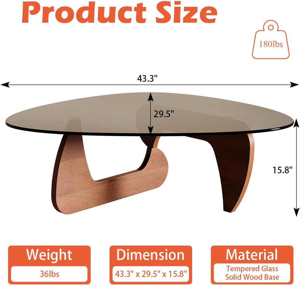 Triangle Glass Coffee Table with Solid Wood Base for Living Room