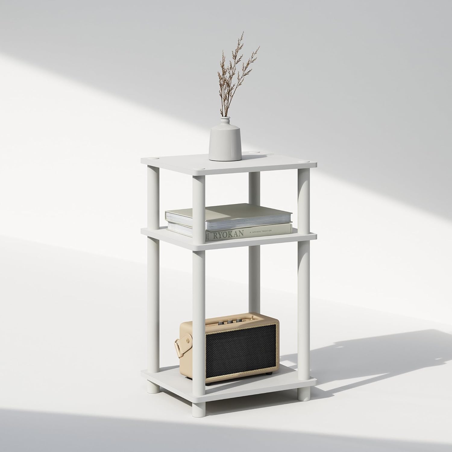 3 Tier End Table, Open Shelves Night Stand, Toolless Assembly, White