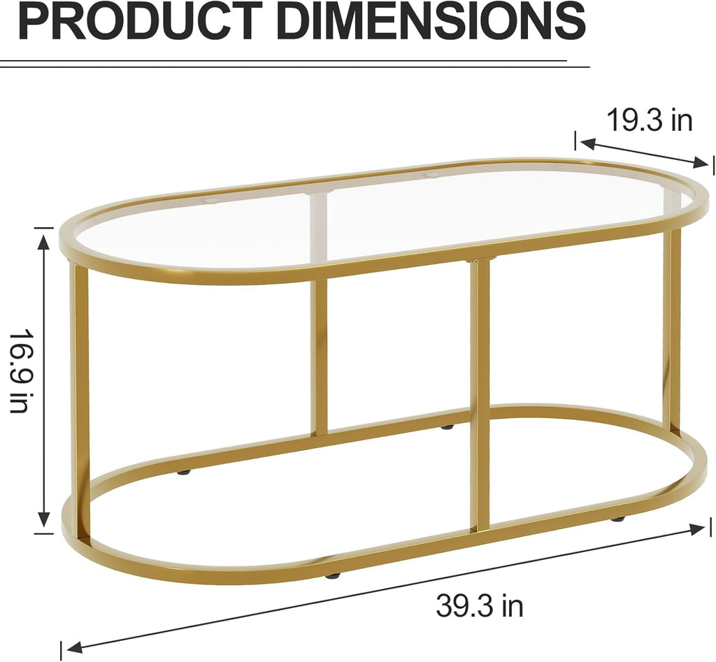 Oval Glass Coffee Table with Metal Frame, Modern Center Table
