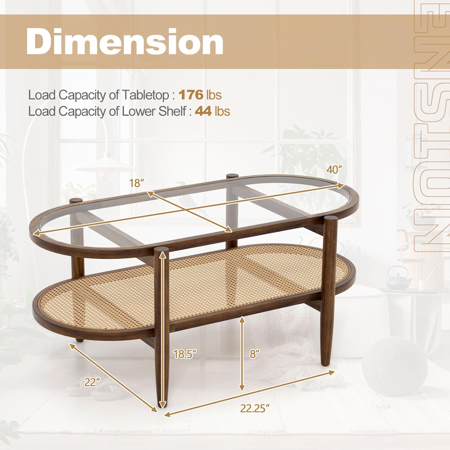 Oval Coffee Table with Rattan Shelf, 2-Tier Wood & Glass Table