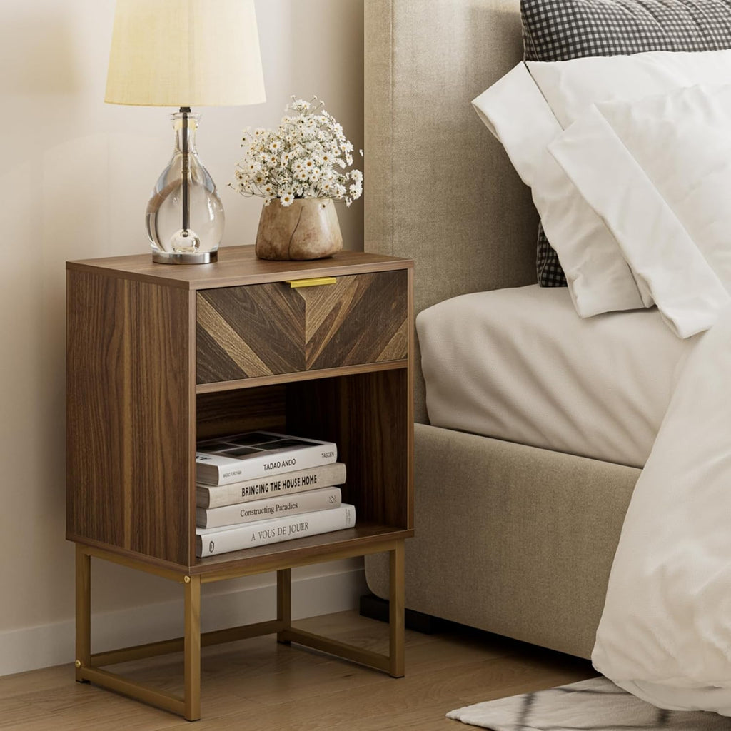 Walnut Bedside Table with Oak Drawer, Modern Boho