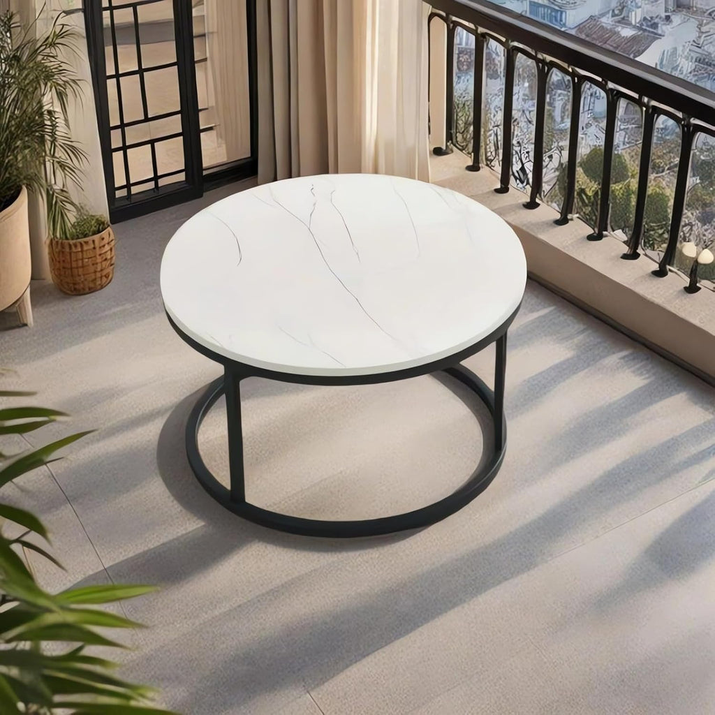 Modern Marble Top Coffee Table, White & Black Metal Frame