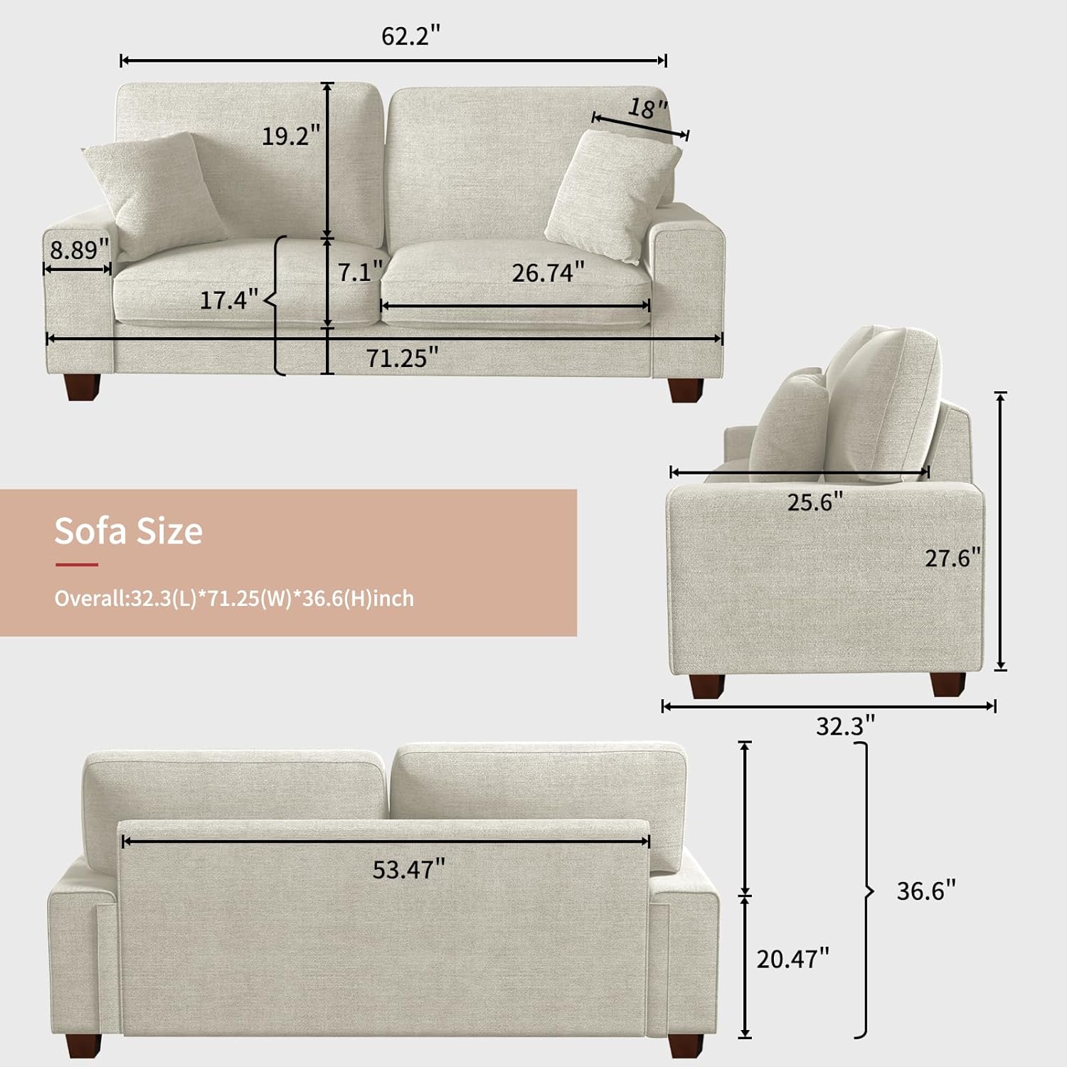 Chenille Loveseat Sofa with Removable Cover & Spring Cushions
