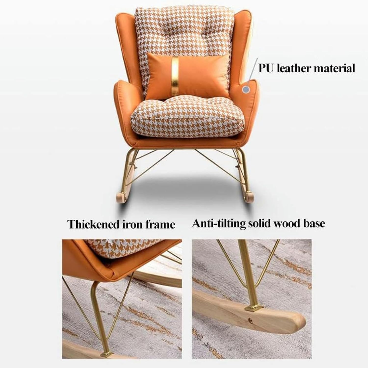 Mid Century Solid Wood Rocking Armchair with Hardwood Base, Fabric Lounge Chair