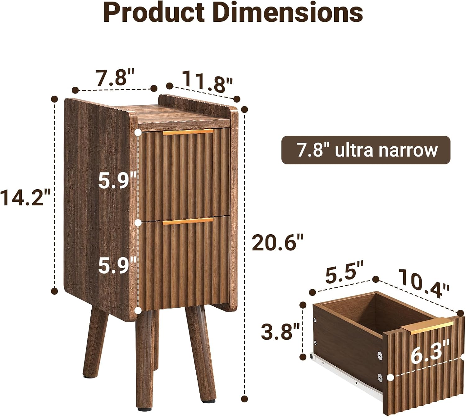 Skinny Bedside Table, Fluted Design with Drawers, Walnut