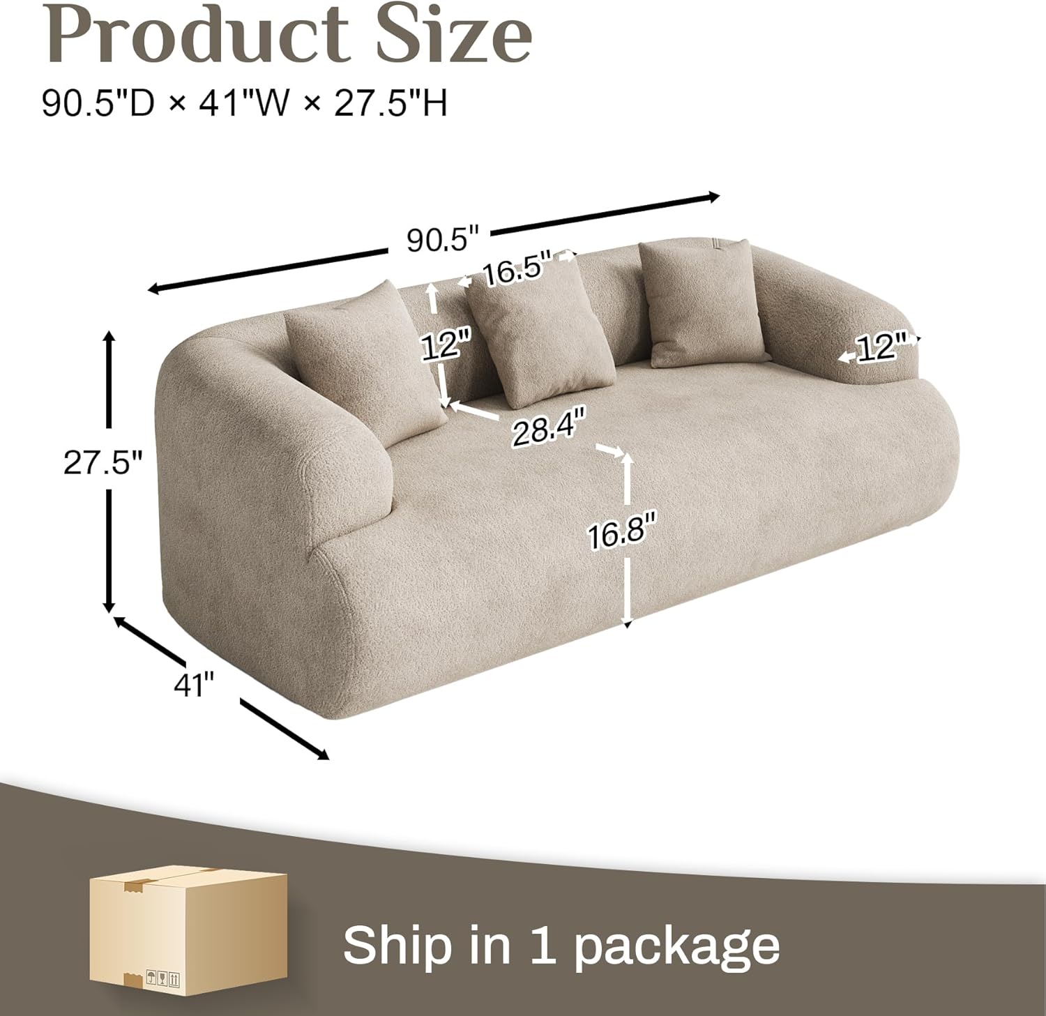 Chenille Cloud Sofa, Curved 3-Seater with Pillows, No Assembly