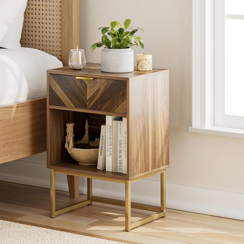 Walnut Bedside Table with Oak Drawer, Modern Boho