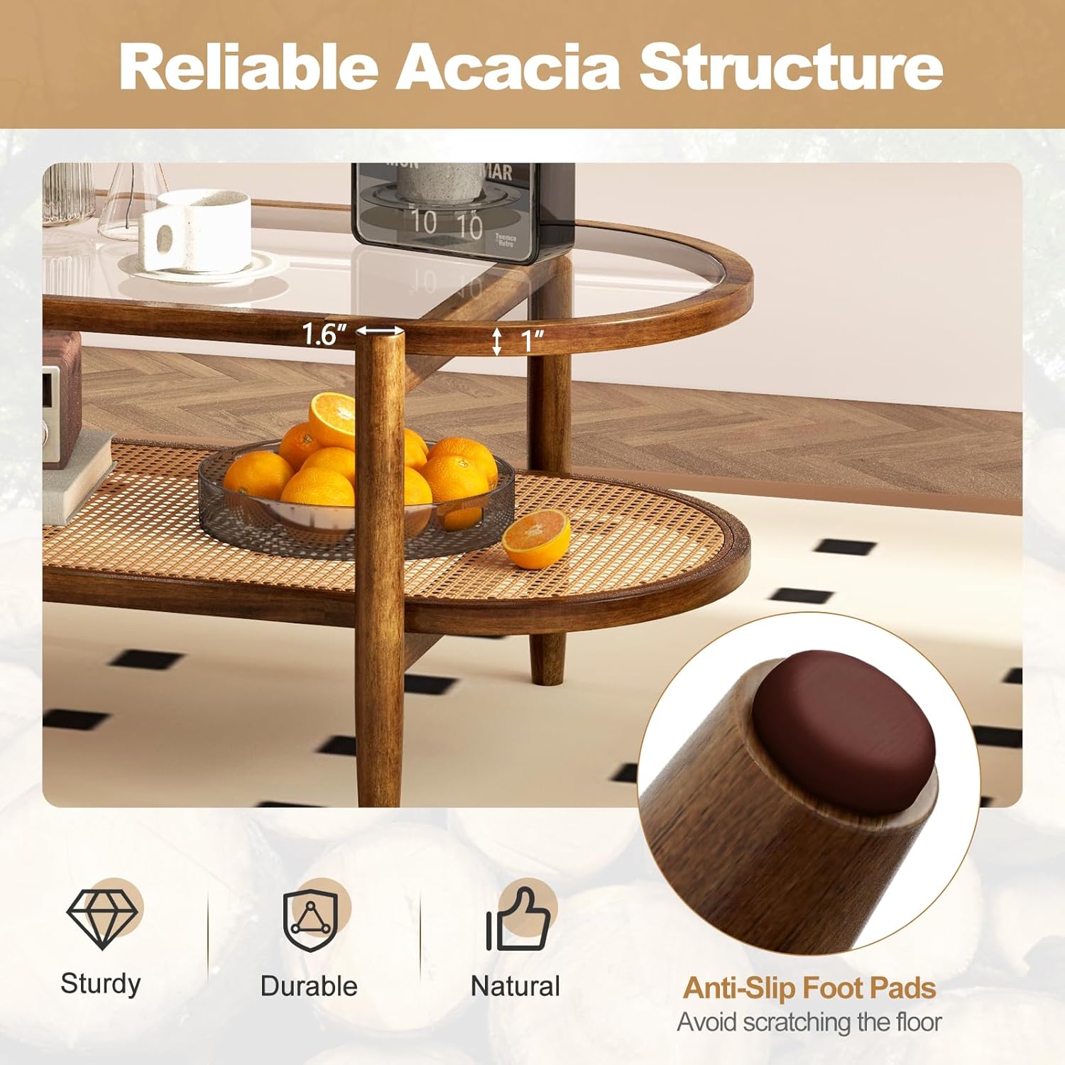 Oval Coffee Table with Rattan Shelf, 2-Tier Wood & Glass Table