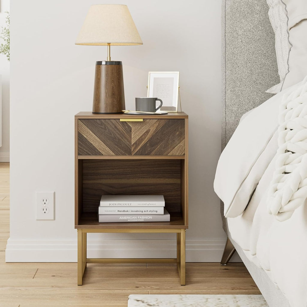 Walnut Bedside Table with Oak Drawer, Modern Boho