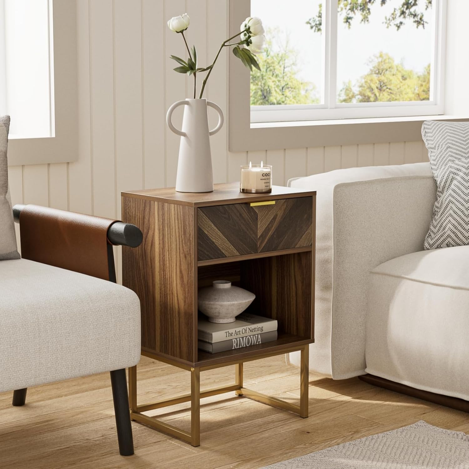 Walnut Bedside Table with Oak Drawer, Modern Boho