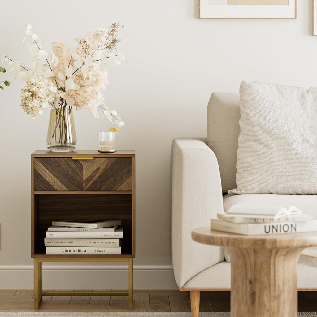 Walnut Bedside Table with Oak Drawer, Modern Boho