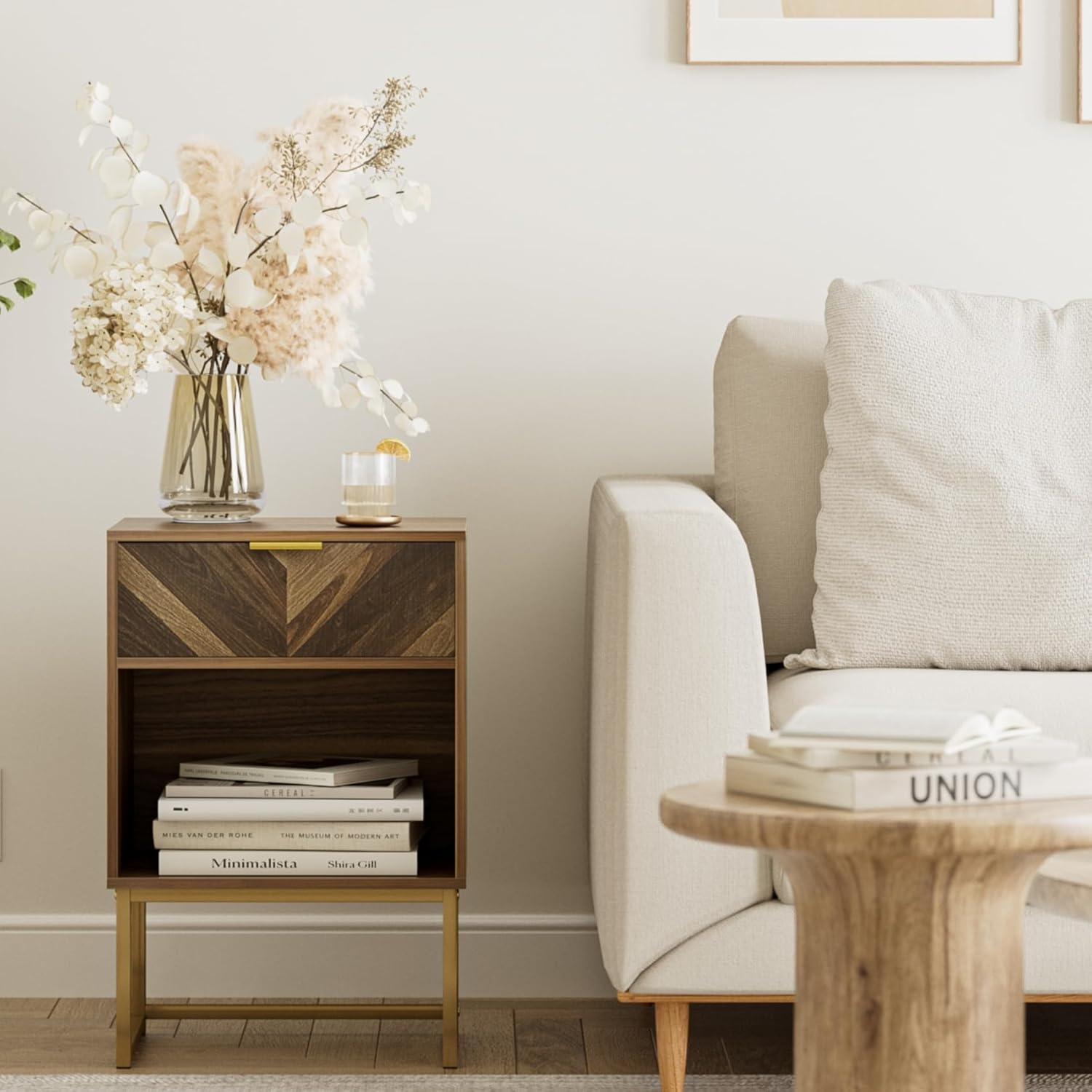 Walnut Bedside Table with Oak Drawer, Modern Boho