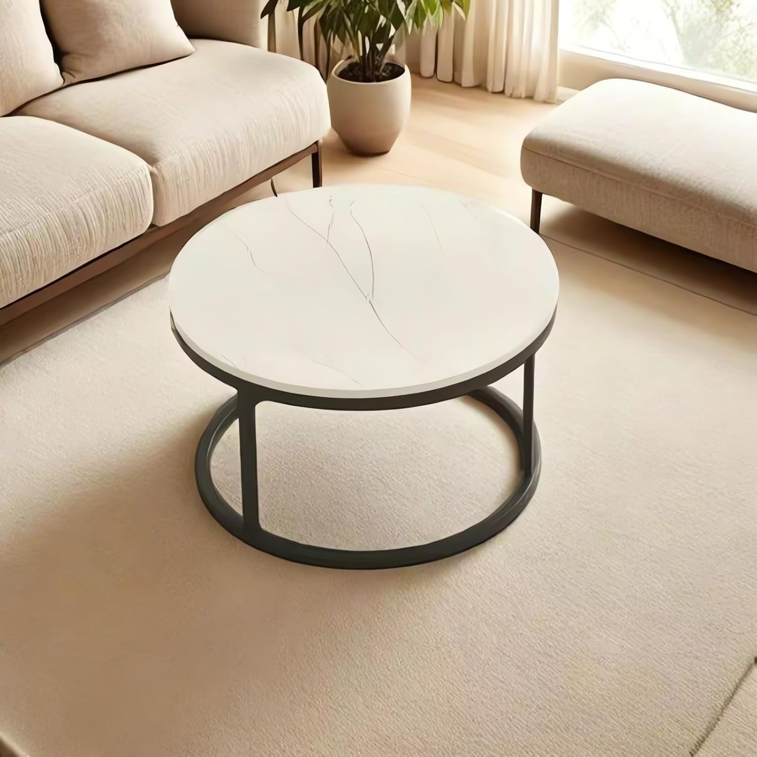 Modern Marble Top Coffee Table, White & Black Metal Frame