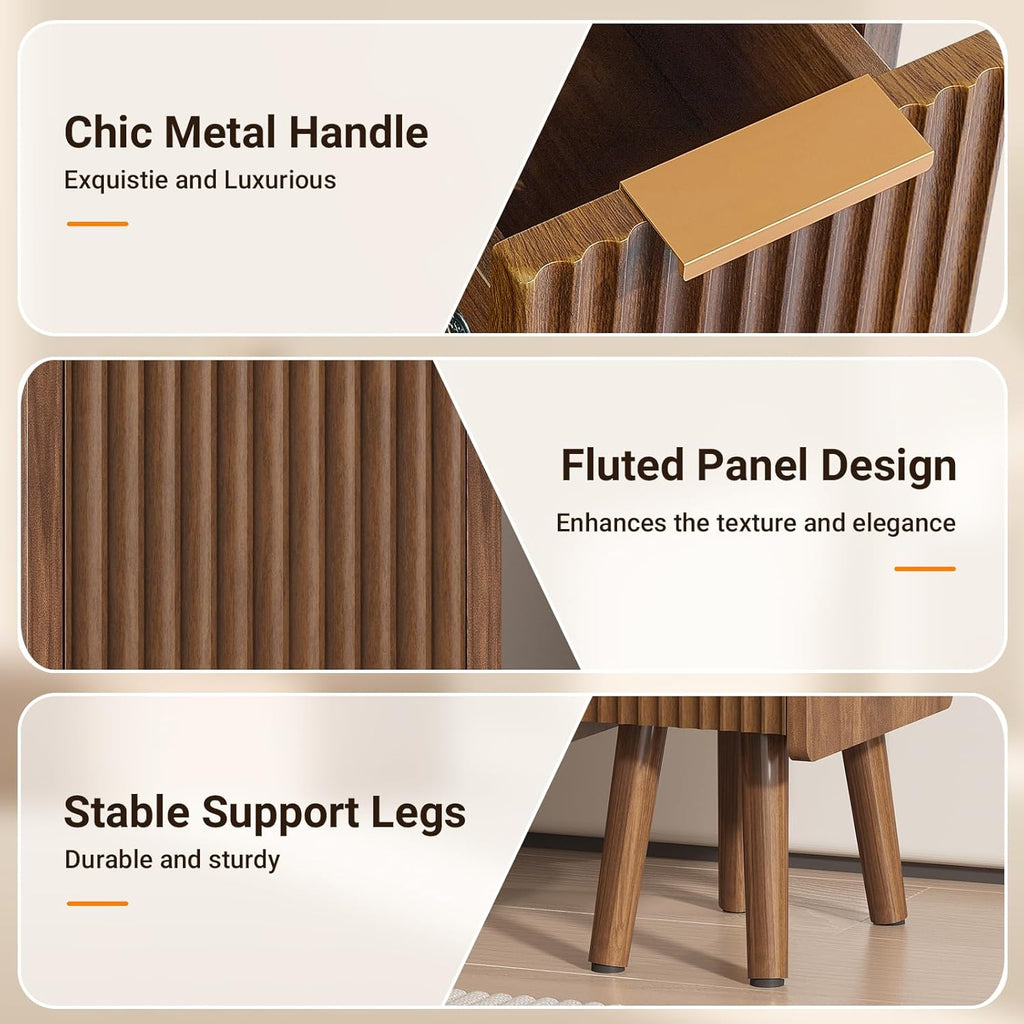 Skinny Bedside Table, Fluted Design with Drawers, Walnut