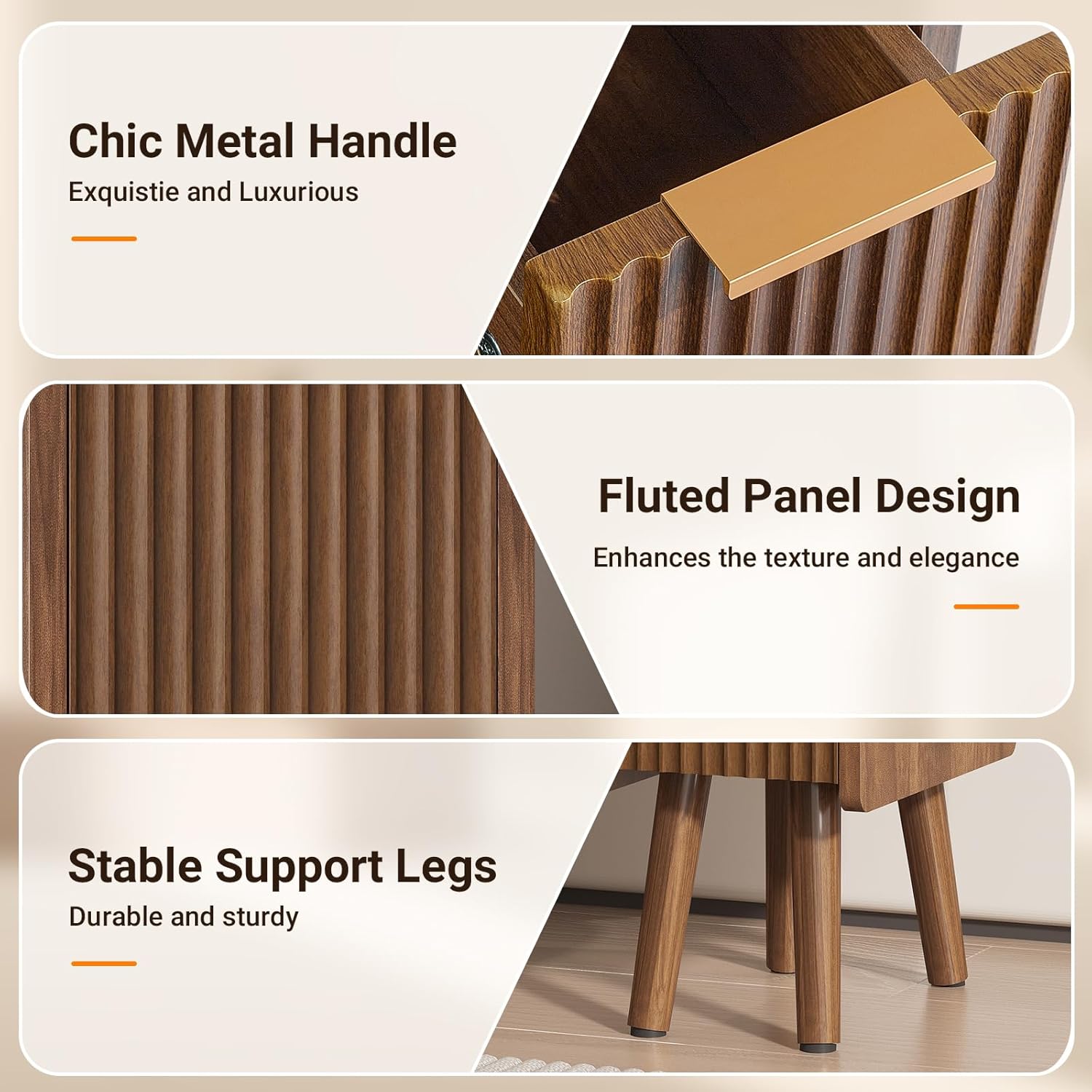 Skinny Bedside Table, Fluted Design with Drawers, Walnut