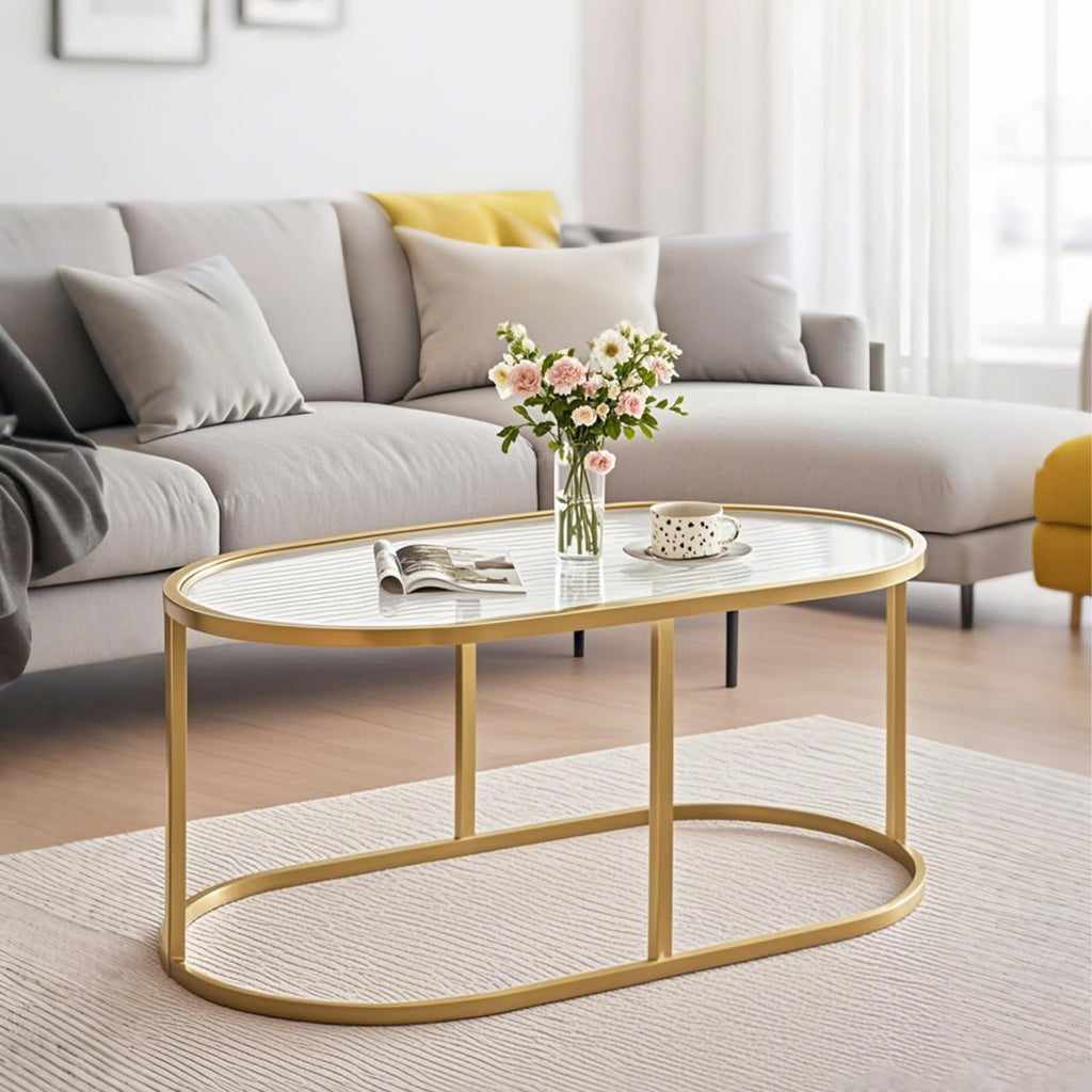 Oval Glass Coffee Table with Metal Frame, Modern Center Table