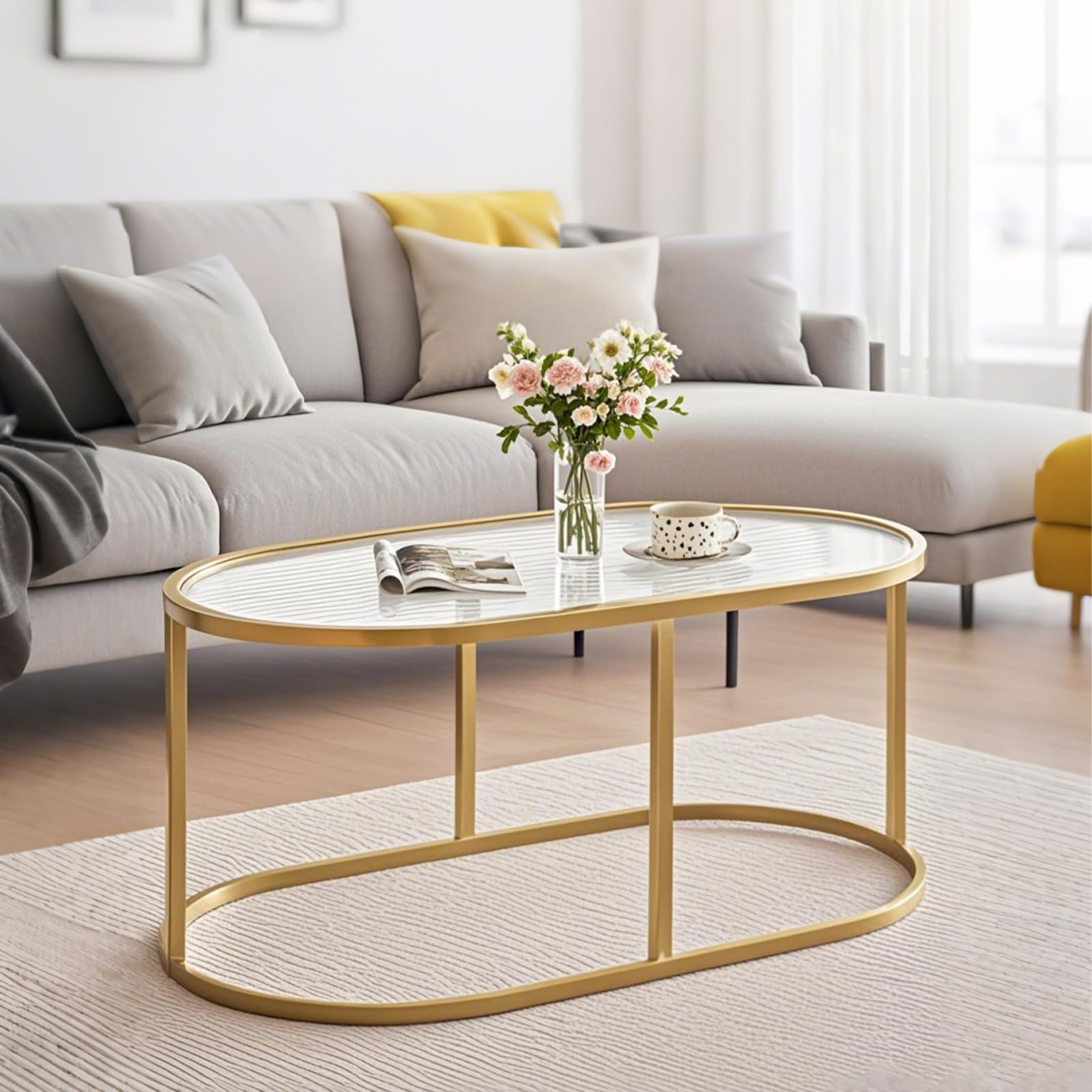 Oval Glass Coffee Table with Metal Frame, Modern Center Table