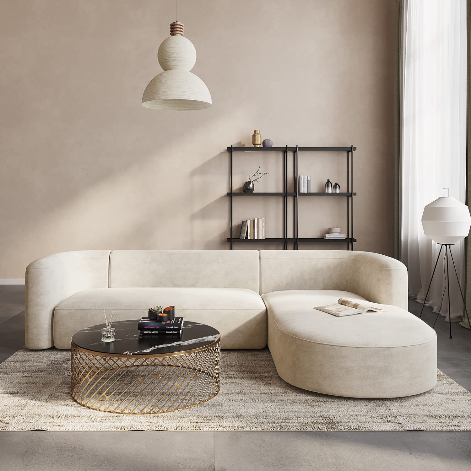 Modern Curved Back Velvet Sofa, Minimalist 3-Seater Couch