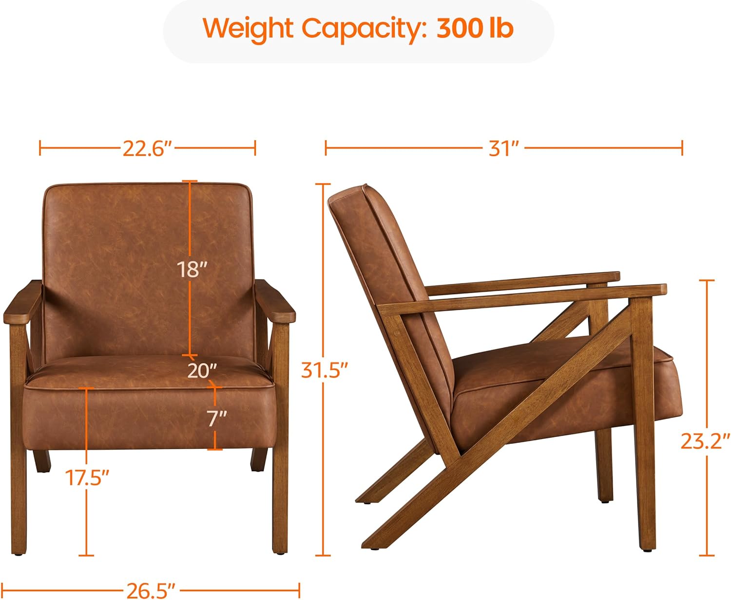Faux Leather Lounge Chair with Wood Frame, Modern Retro for Living Room & Office