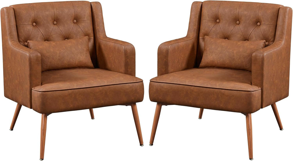 Mid Century PU Leather Armchair with Lumbar Pillow, Reading Chair, 2PCS