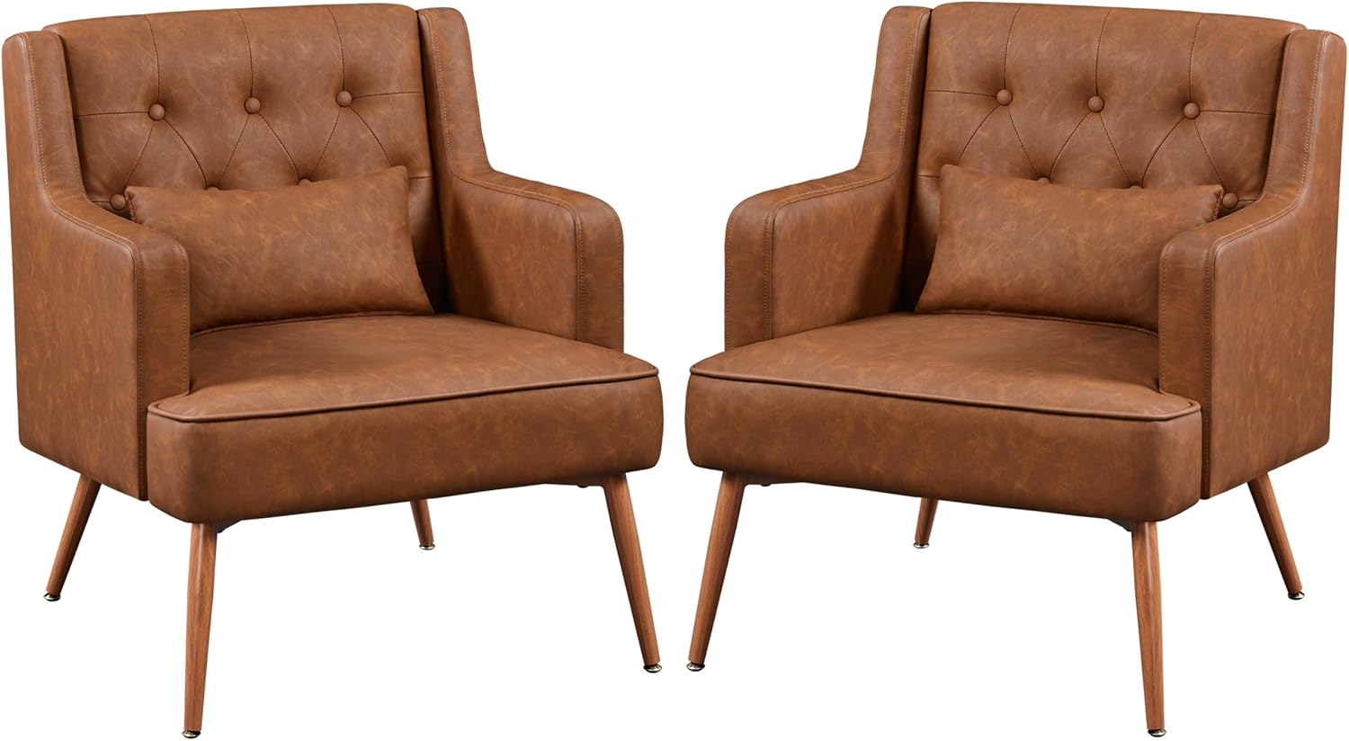 Mid Century PU Leather Armchair with Lumbar Pillow, Reading Chair, 2PCS