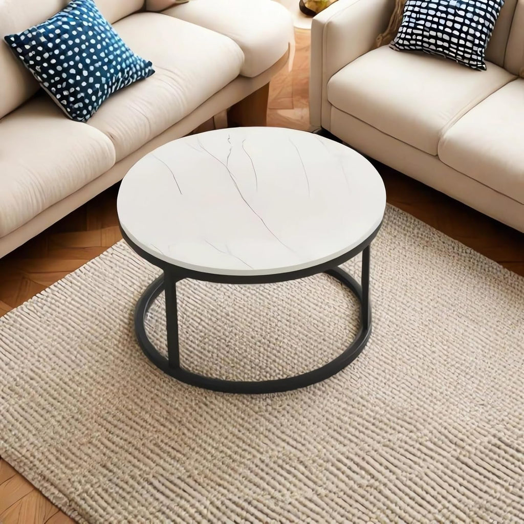 Modern Marble Top Coffee Table, White & Black Metal Frame