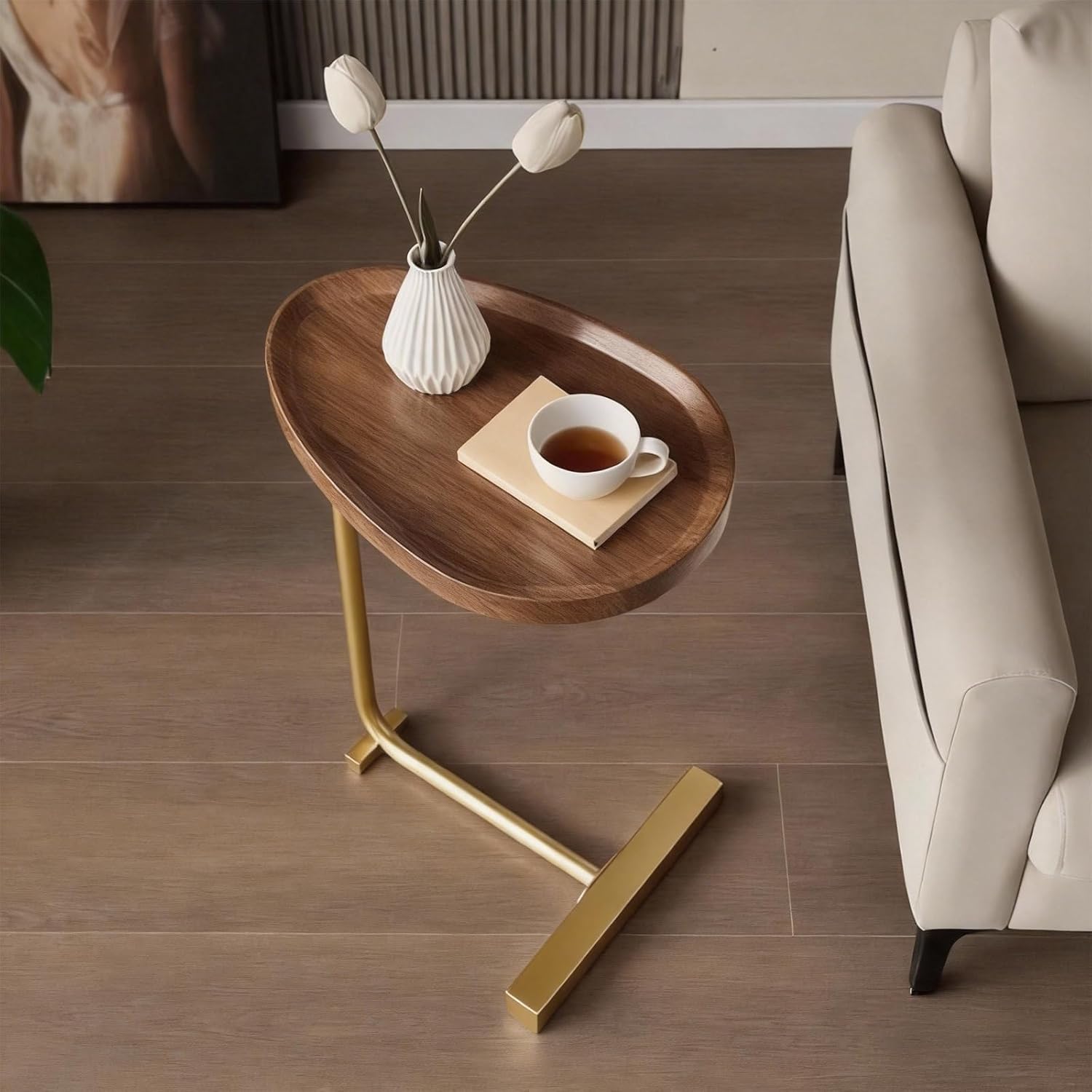 Round Side End Table, Slim C Table for Sofa & Bedside Use