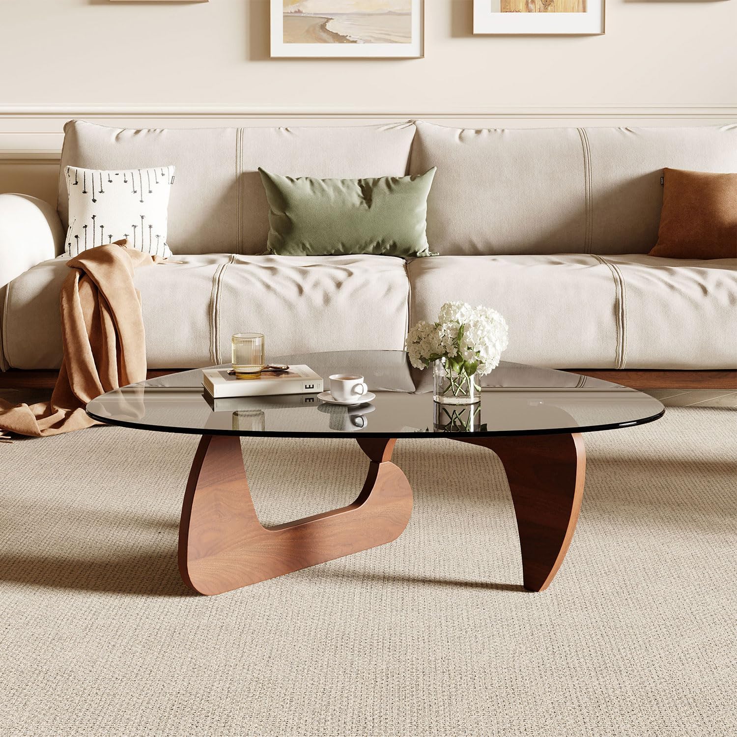Triangle Glass Coffee Table with Solid Wood Base for Living Room