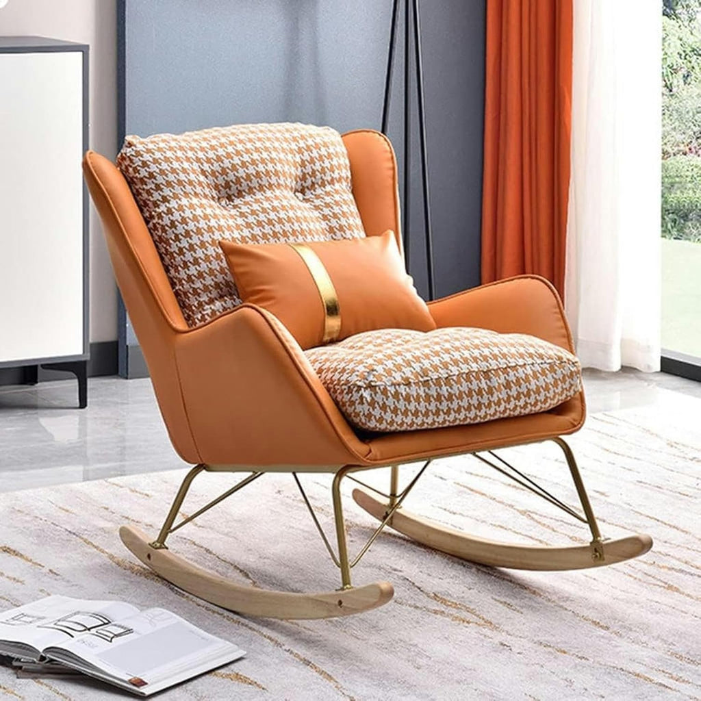 Mid Century Solid Wood Rocking Armchair with Hardwood Base, Fabric Lounge Chair