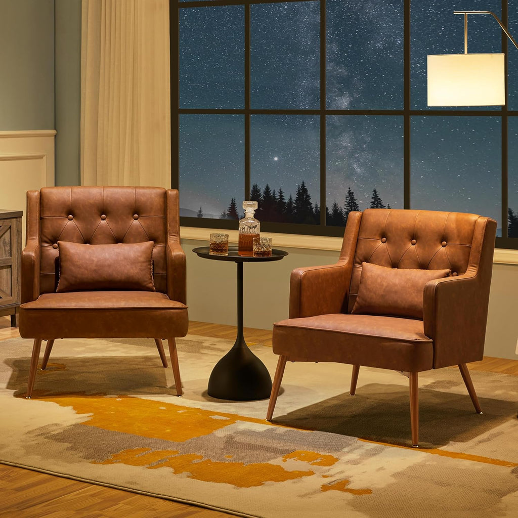 Mid Century PU Leather Armchair with Lumbar Pillow, Reading Chair, 2PCS
