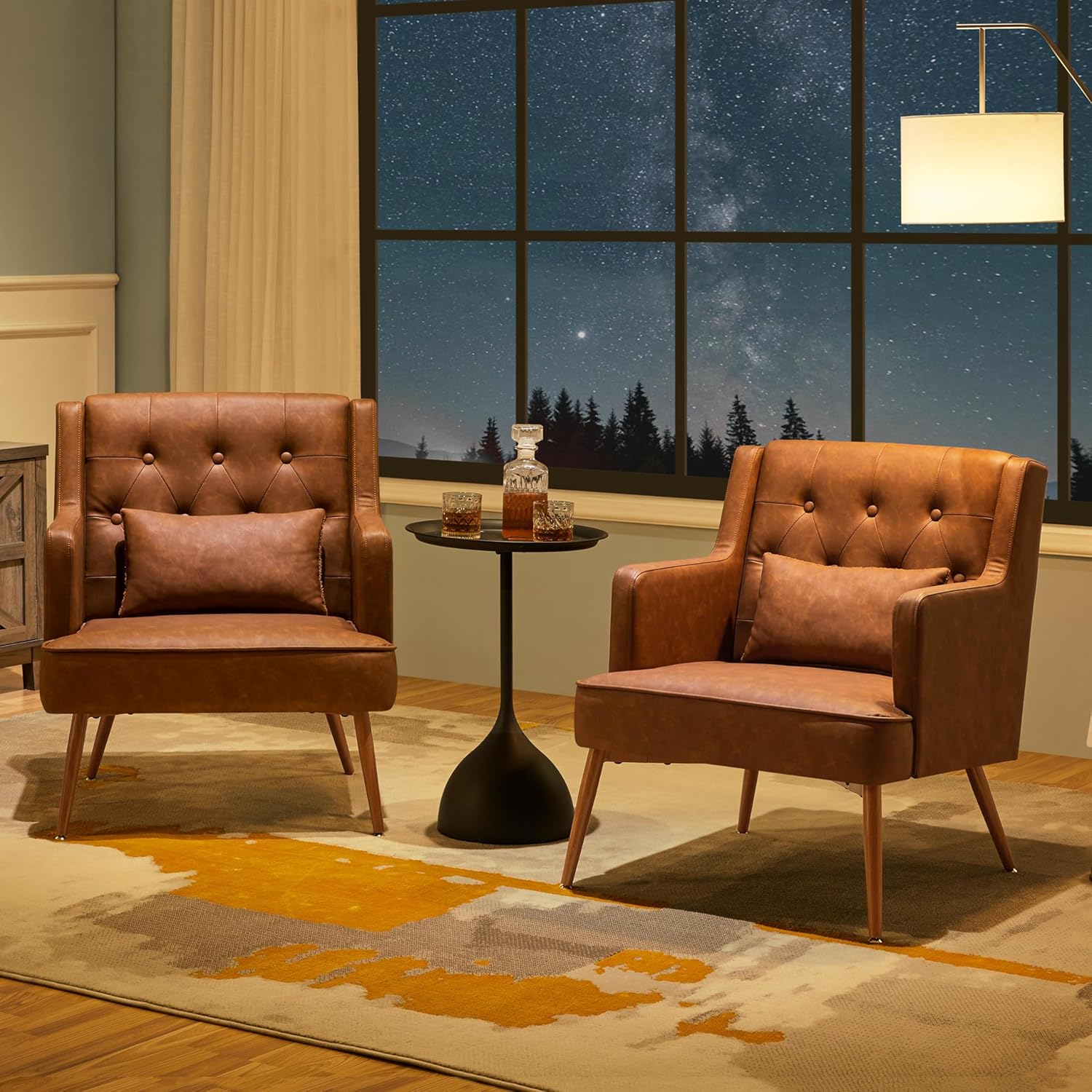 Mid Century PU Leather Armchair with Lumbar Pillow, Reading Chair, 2PCS