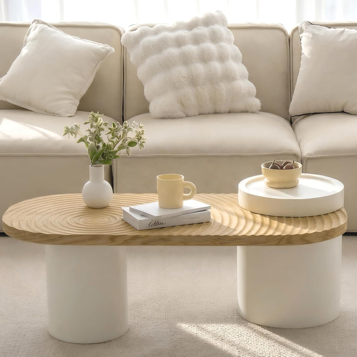 Oval Solid Wood Coffee Table with Storage, Modern Living Room Table
