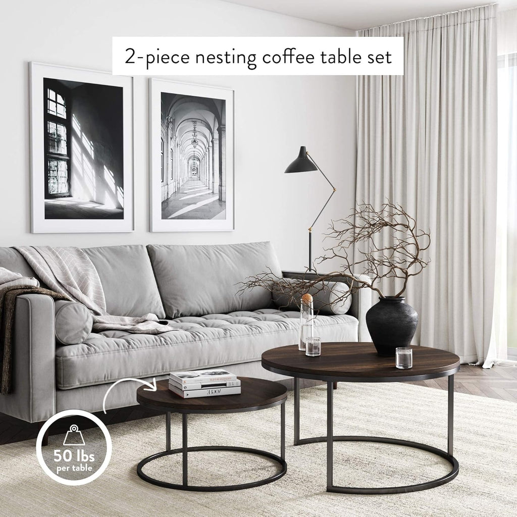 Round Nesting Coffee Table Set of 2, Wood & Metal Accent Tables