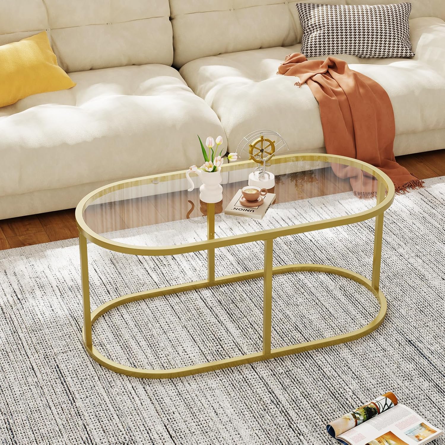 Oval Glass Coffee Table with Metal Frame, Modern Center Table