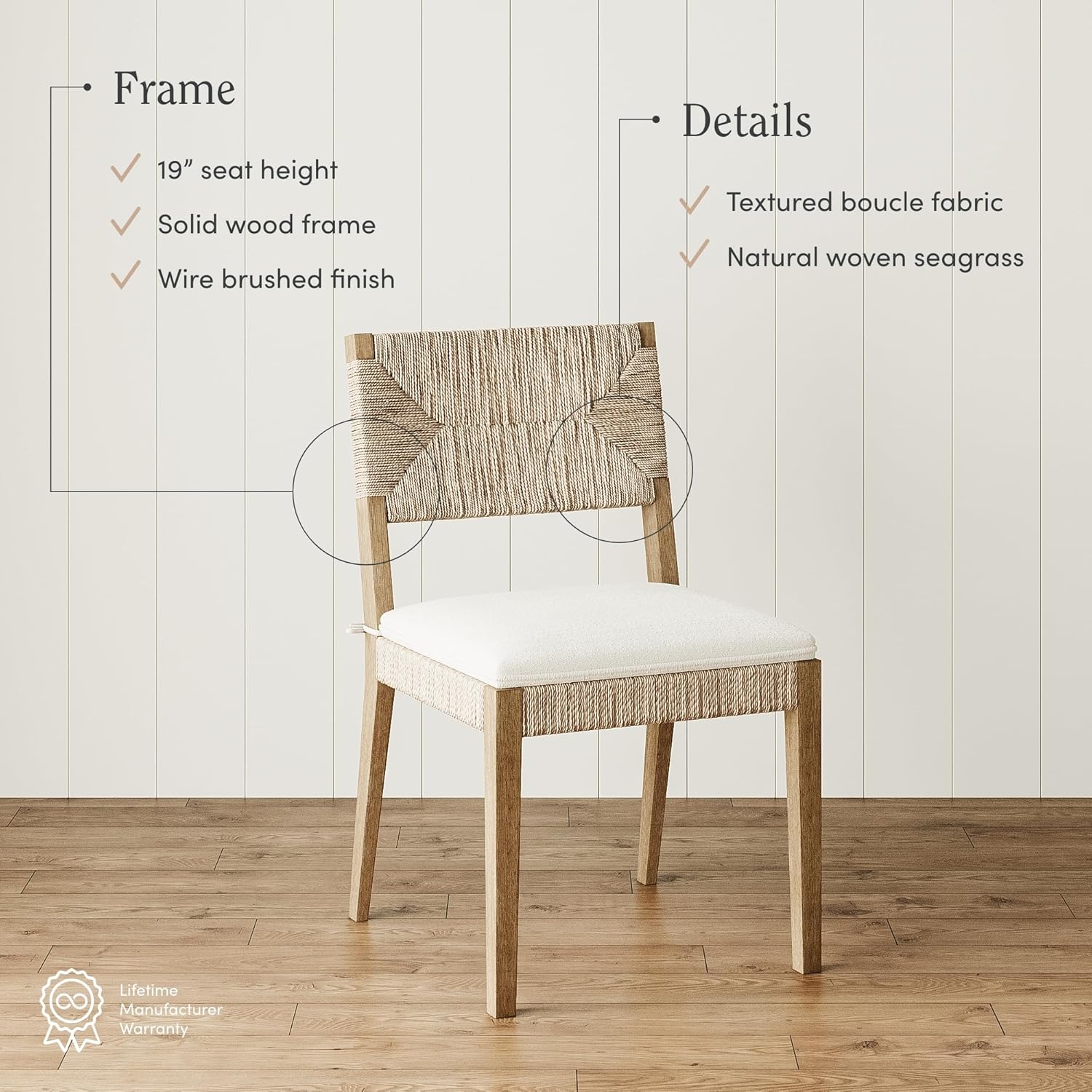 Boucle Dining Chair Set of 2, Natural Texture with Solid Wood Legs