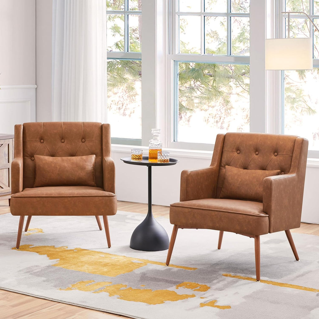 Mid Century PU Leather Armchair with Lumbar Pillow, Reading Chair, 2PCS
