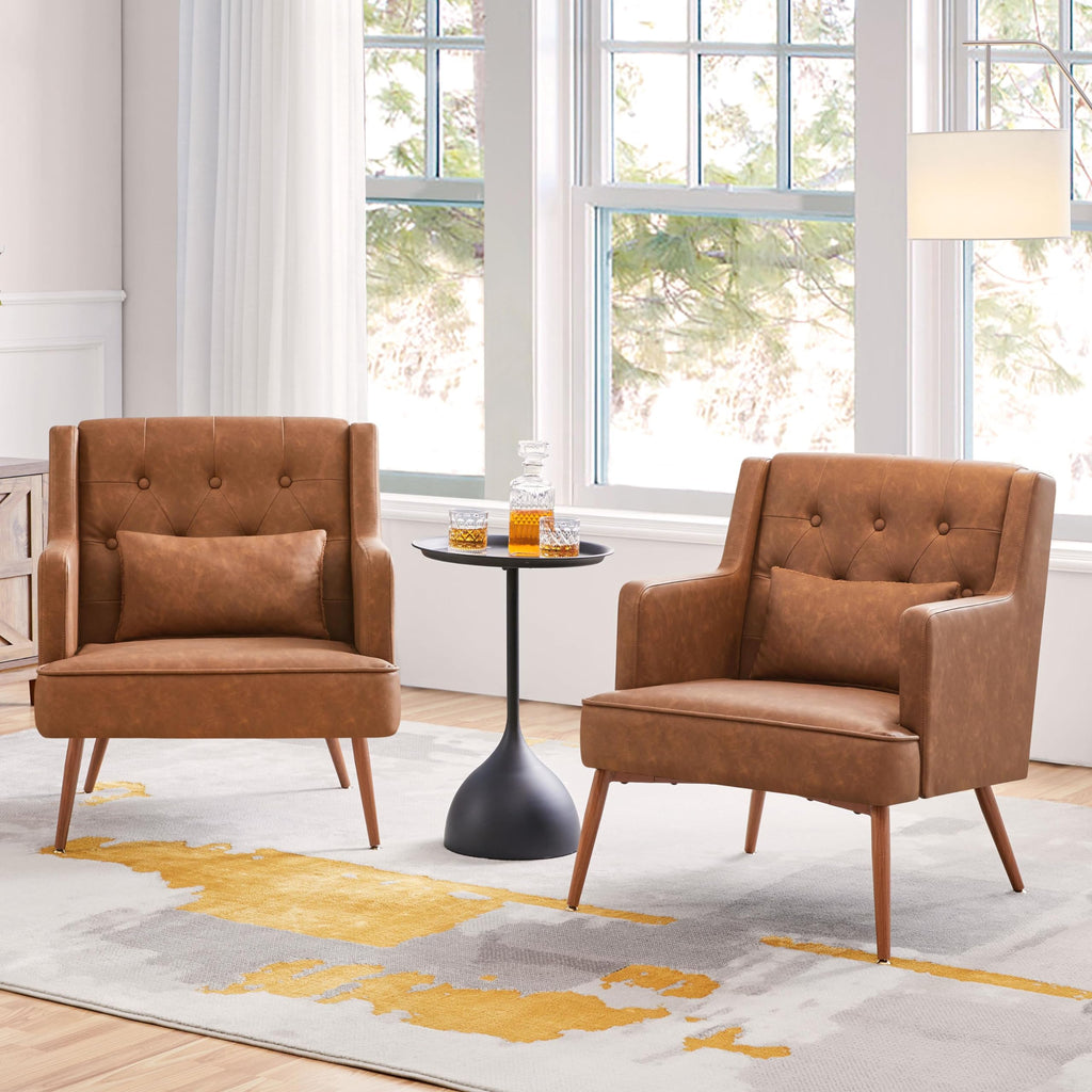 Mid Century PU Leather Armchair with Lumbar Pillow, Reading Chair, 2PCS