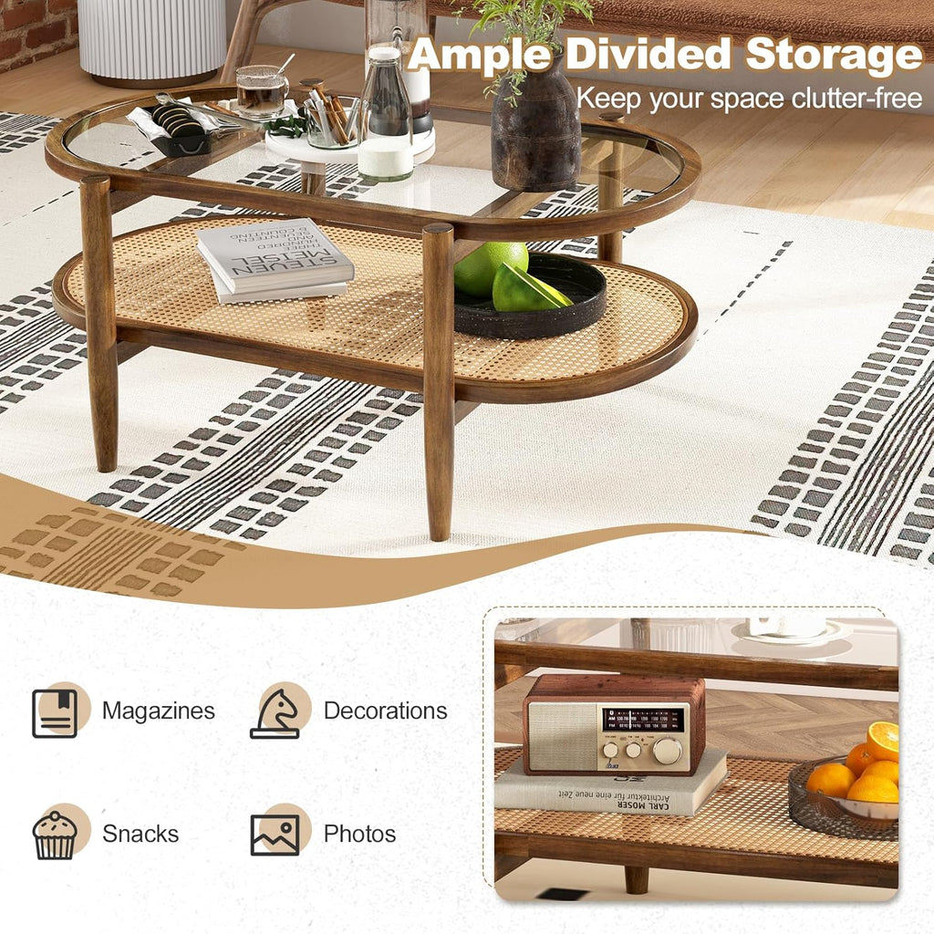 Oval Coffee Table with Rattan Shelf, 2-Tier Wood & Glass Table