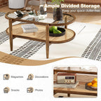 Oval Coffee Table with Rattan Shelf, 2-Tier Wood & Glass Table