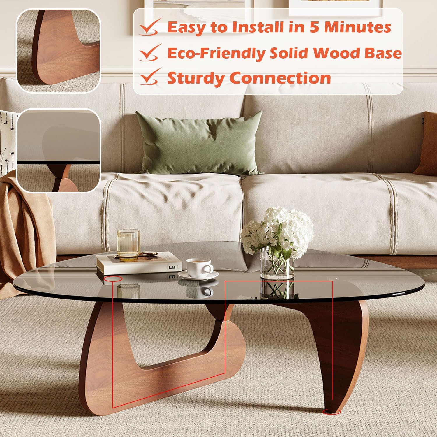 Triangle Glass Coffee Table with Solid Wood Base for Living Room
