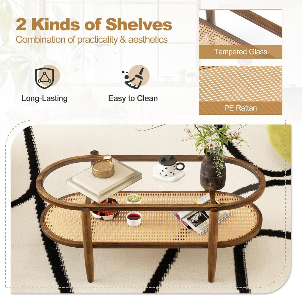 Oval Coffee Table with Rattan Shelf, 2-Tier Wood & Glass Table