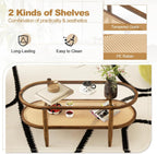 Oval Coffee Table with Rattan Shelf, 2-Tier Wood & Glass Table