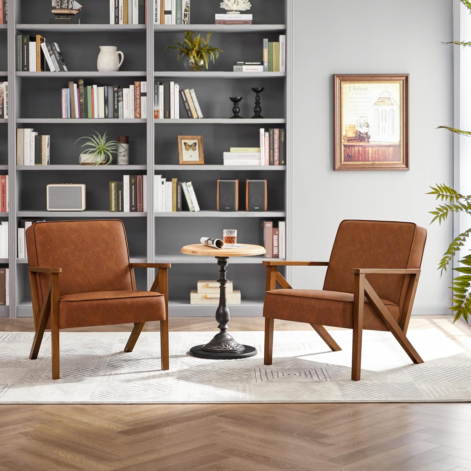 Faux Leather Lounge Chair with Wood Frame, Modern Retro for Living Room & Office