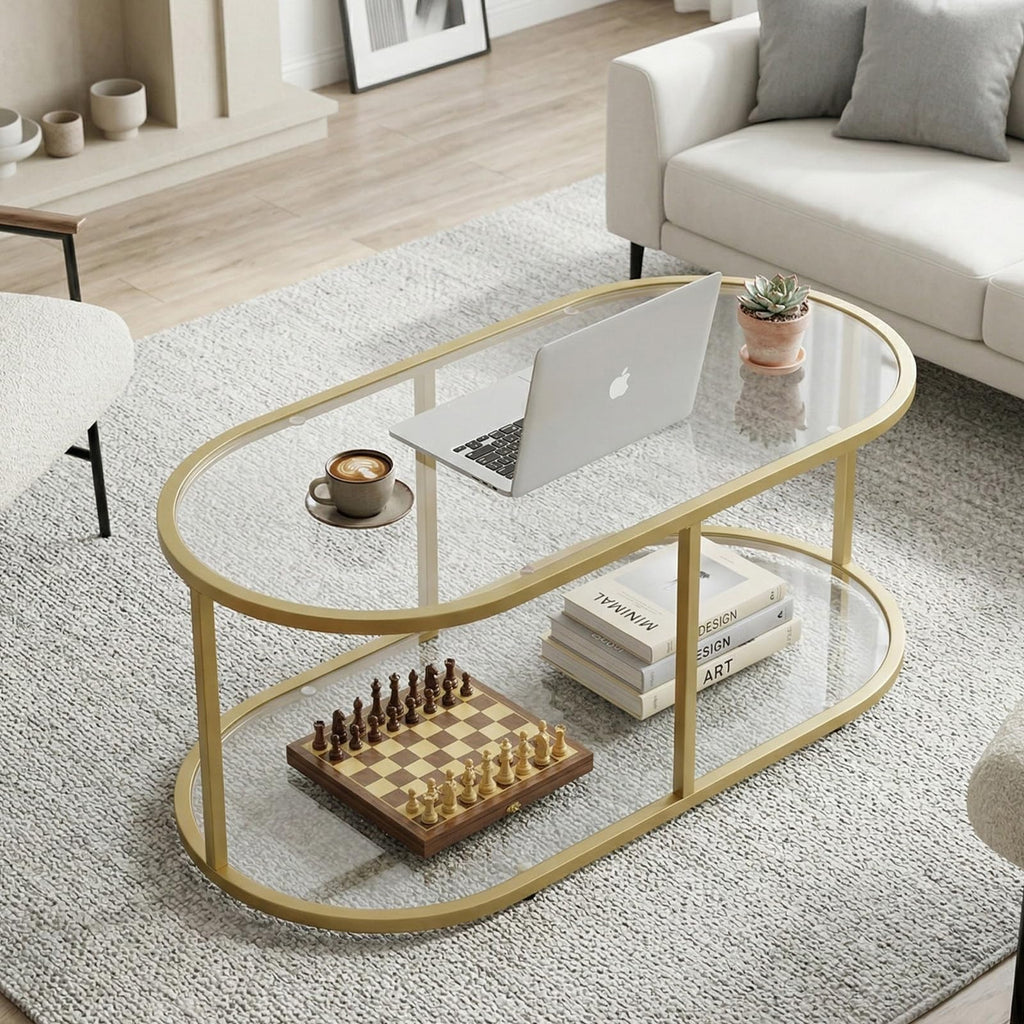 Oval Glass Coffee Table with Metal Frame, Modern Center Table