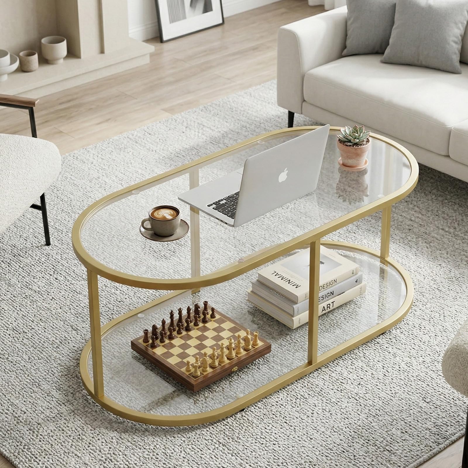 Oval Glass Coffee Table with Metal Frame, Modern Center Table