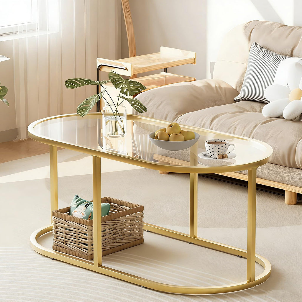Oval Glass Coffee Table with Metal Frame, Modern Center Table