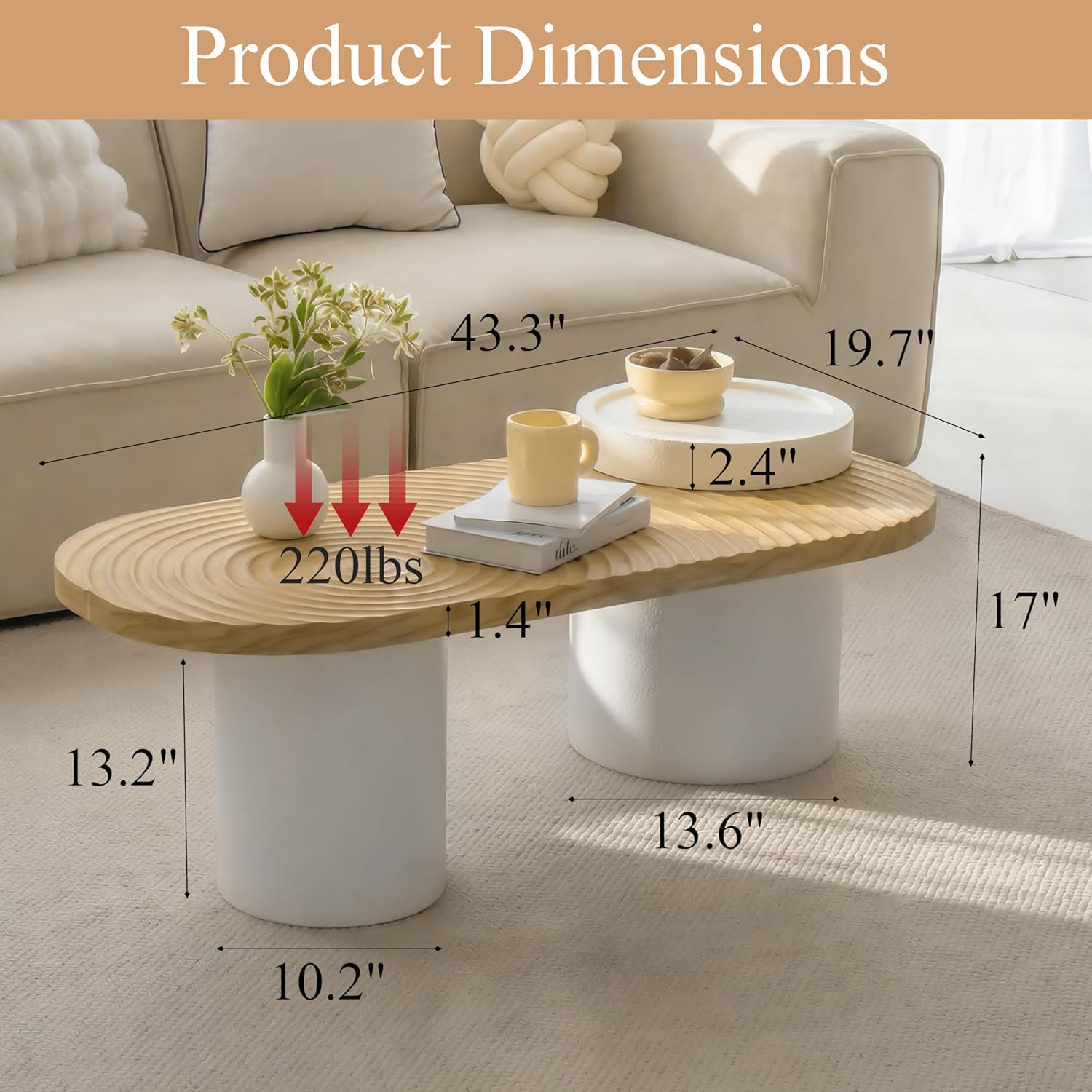 Oval Solid Wood Coffee Table with Storage, Modern Living Room Table