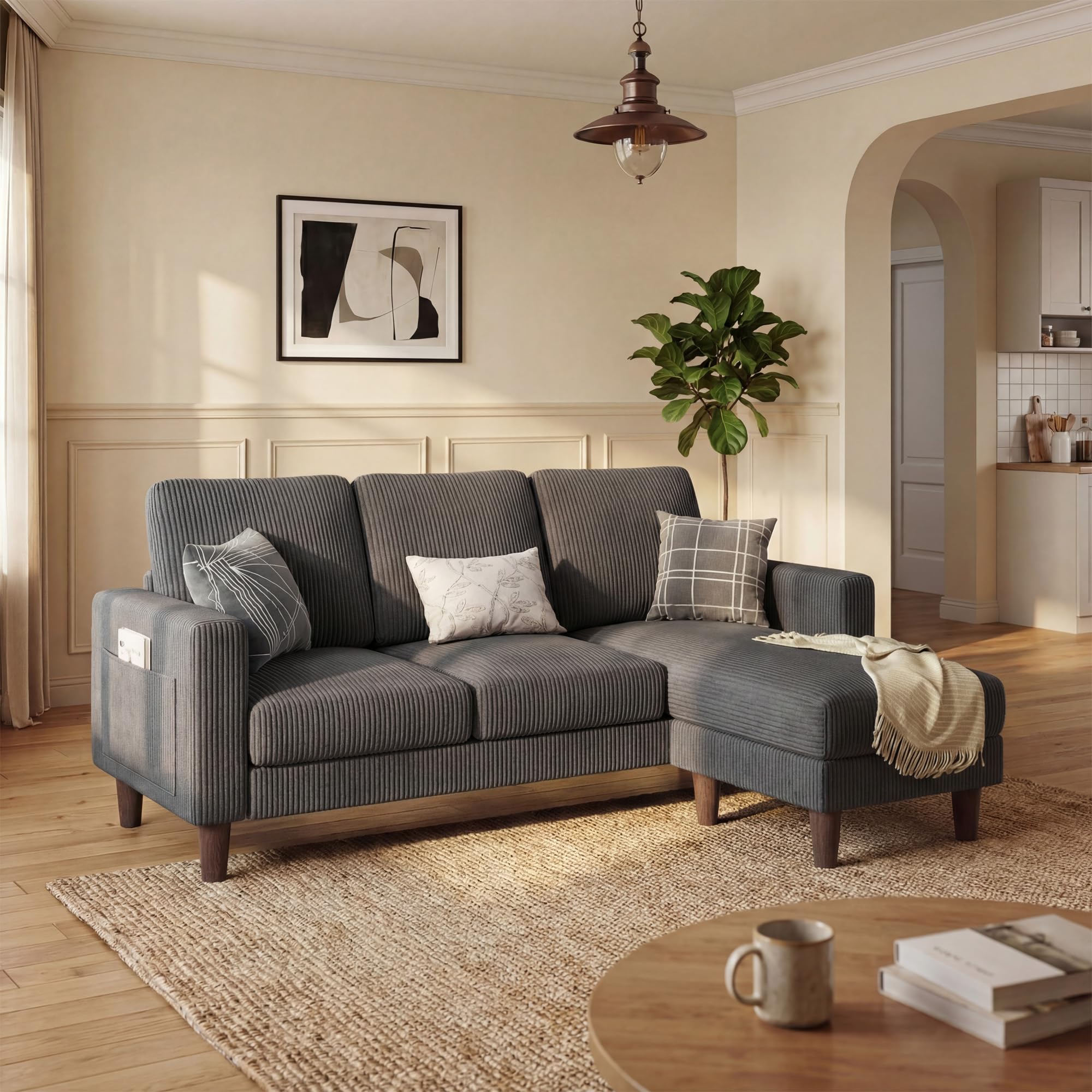 Modern L-Shaped Sectional Sofa with Reversible Ottoman